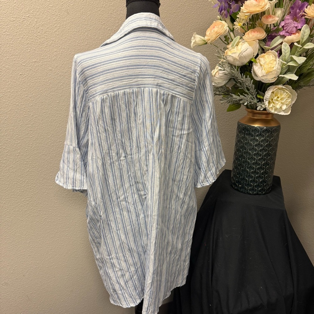 Umgee Blue White Stripe Linen Shirt Dress Roll Tab Sleeves XL - Picture 3 of 7